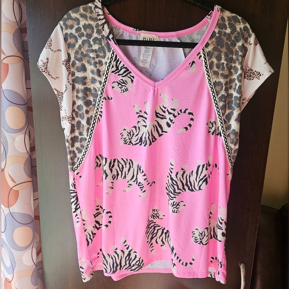 BiBi Pink and Black Animal Print Top